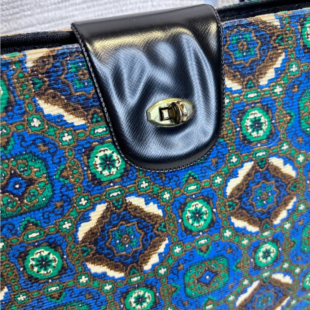 Vintage MCM Geometric Patterned Blue & Green Tapestry Carpet Bag - tote - Picture 2 of 5